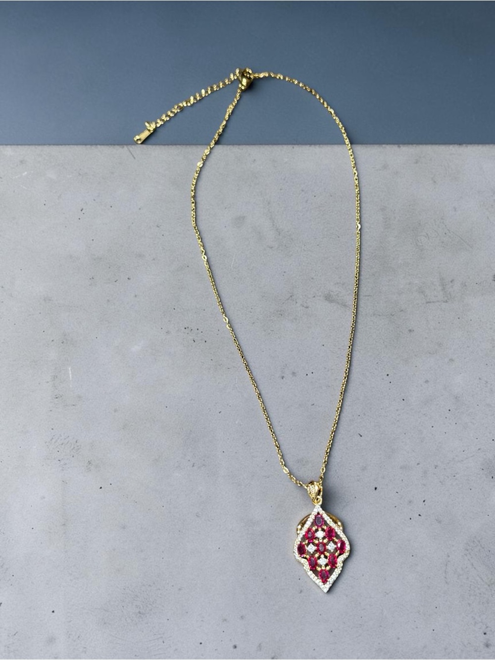 Stainless Steel Gold Necklace with Pink Gemstone Pendant